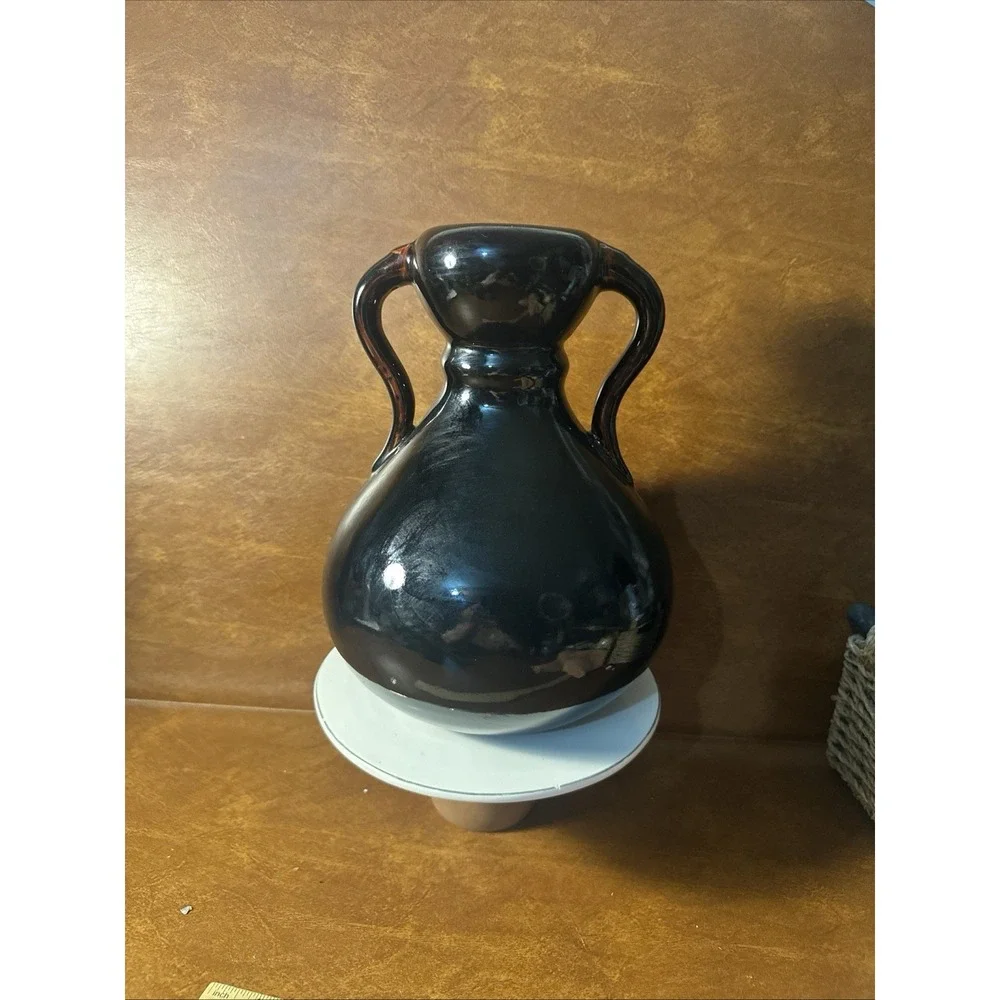 Italian Majolica Style Amphora Vase Art Pottery Black Hints Of Red On Handles